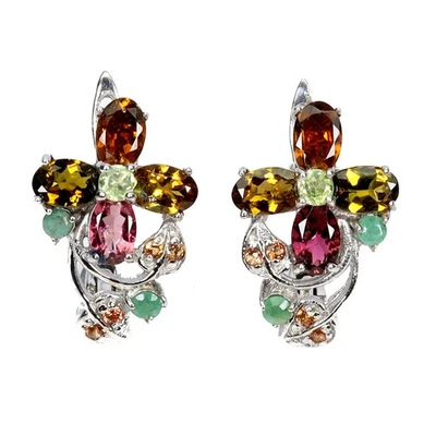 925 Sterling Silver Earrings Oval Tourmaline Emerald Sapphire Gemstone Jewelry - Image 1 of 4