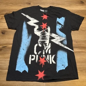 WWE CM Punk Allover T-Shirt Size XL Black Blue Red Chicago Flag Lightning Bolt - Picture 1 of 8