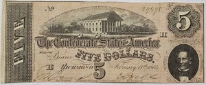 1864 Confederate 5 Dollar Note - Picture 1 of 2