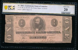 AC T-55 $1 1862 Confederate Currency CSA PCGS 20 details - Picture 1 of 2