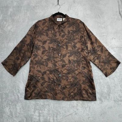 Blusa túnica de seda Chico's 2 L negra floral botón frontal colores otoño Foto 1 de 4