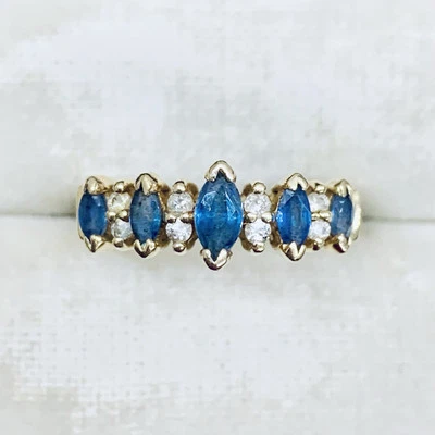 Anillo Effy BH Oro Amarillo 14k Corte Marquesa Zafiro Azul y Corona Diamante Talla 7 Foto 1 de 4