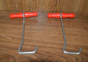 Wooden Red T-Handle Boot Hooks Set of 2 Cowboy Boot Pull-On Pullers Chrome Steel - Picture 1 of 4