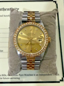 ROLEX MENS DATEJUST FACTORY DIAMOND DIAL 18K YELLOW GOLD STAINLESS STEEL WATCH - Picture 1 of 11