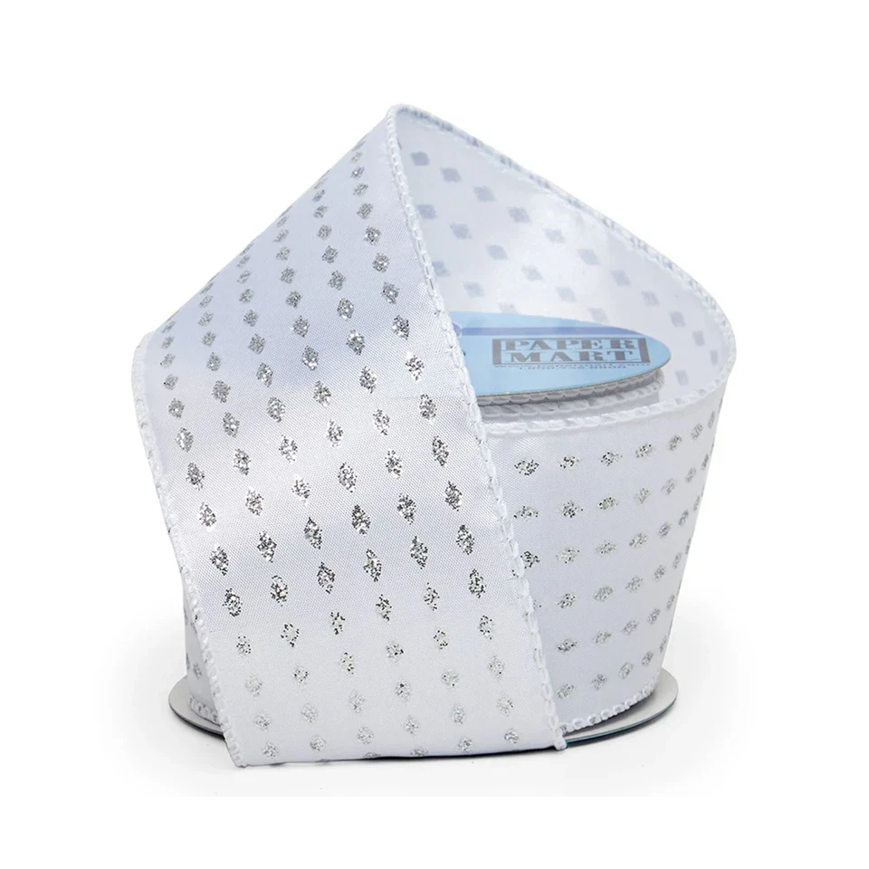 Silver White Mini Glitter Diamonds On Satin Wired Ribbon - 2 1/2in. x 10 Yards - Image 1 of 1