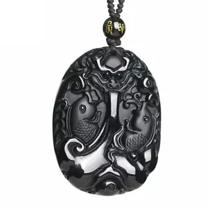 Natürliche schwarze Obsidian Kristall Fisch Koi Halskette Amulett Anhänger Perle mit Kette - Bild 1 von 6