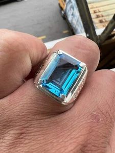 7.0 Carat Natural Blue Topaz Gemstone 14k White Gold Ring For Men's SR3207 - Picture 1 of 8