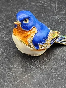 Beautiful Blue/Orange   BLUE BIRD BEJEWELED ENAMEL TRINKET BOX   - Picture 1 of 7