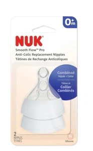 New 2pk NUK Smooth Flow Pro 0+m Nipples Anti-Colic Silicon Nipple + Collar - Picture 1 of 3
