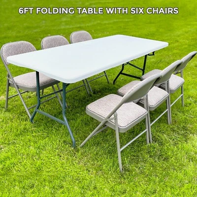 6FT CATERING CAMPING HEAVY DUTY FOLDING TRESTLE TABLE PICNIC BBQ PARTY CHAIRS - Image 1 of 2