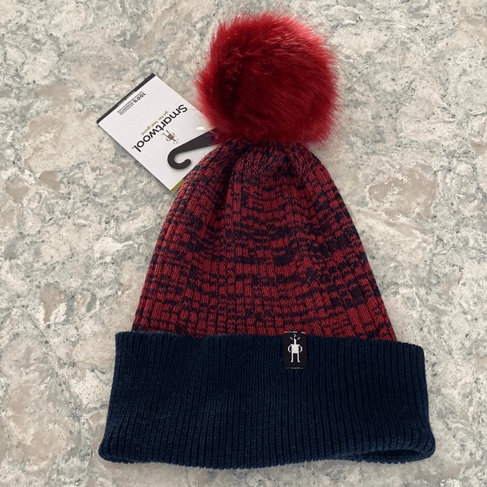 Smartwool Powder Pass Navy & Burgundy Knit Cuff Pom Beanie Women's One Size