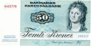 Denmark 50 Kroner XF Banknote 1993 P-50 Prefix C9 Andersen-Herly Signature - Picture 1 of 2