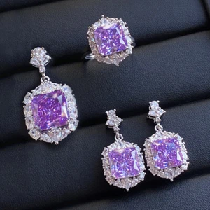Neu glänzende Eisblume geschnitten lila Amethyst Edelsteine Charm Frauen Mädchen Halskette Ohrring - Bild 1 von 6