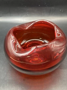Vintage Hand Blown Heavy Glass Studio Art Dish Ruffled Top Ruby Red Heavy MCM - Picture 1 of 9