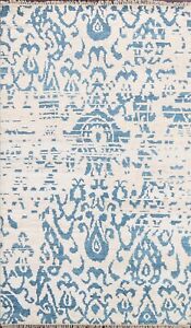 Blue/ Ivory Wool/ Silk Abstract Contemporary Oriental Area Rug Hand-Knotted 5x8