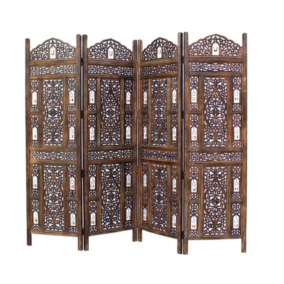Room Divider Wood Screen - Ghanti Bells Antique Brown - 4 Panel Folding 72 x ... - Image 1 of 4