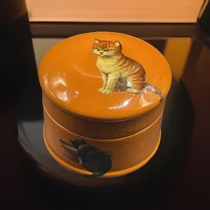Vintage hausgemachte Decoupage orange Katze Holz Schmuckschatulle mit Deckel klein Theodora NYC - Bild 1 von 9