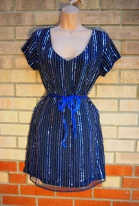 Apricot blau Pailletten Perlen Kurzarm V-Ausschnitt Etuikleid Party Minikleid 10 S - Bild 1 von 9
