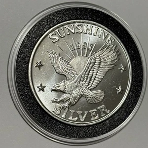 Moneda rara Sunshine Mining Eagle 1991 1 Troy OZ .999 plata fina medalla arte ronda - Imagen 1 de 11