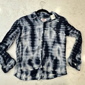 NWT Girls Justice Button Down Tie Dye Tie Front Blue Top Shirt Sz 10 - Picture 1 of 8
