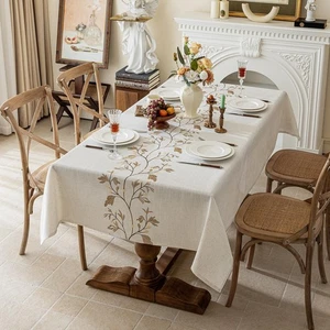 Rustic Waterproof Linen Tablecloth, Heavy Weight Beige Embroidery Table Cloth... - Picture 1 of 6