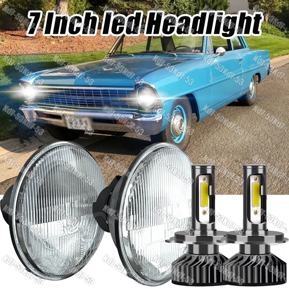 2PCS 7" inch Round LED Headlights Hi/Lo Beam For Chevrolet Chevy II 1964-1967 A+ - Image 1 of 4