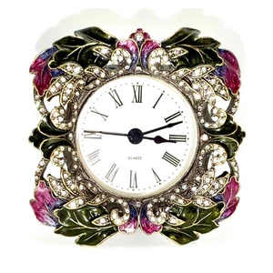 ShonTek Retro Style Jeweled Battery Clock – Floral Enamel & Rhinestone Frame - Picture 1 of 6