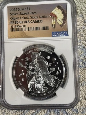 2024 7 SACRED RITES 1OZ. SILVER OGLALA LAKOTA SIOUX NATION PF70 U/C ONLY 999. - Image 1 of 4