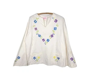 Vtg 70s Peasant Shirt Floral Embroidery L XL Natural Cotton Boho Bell Sleeve - Picture 1 of 13