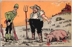 Vintage HUNTING Comic Postcard Hunter Paying Farmer for Dead Pig - 1907 Cancel - Picture 1 of 2