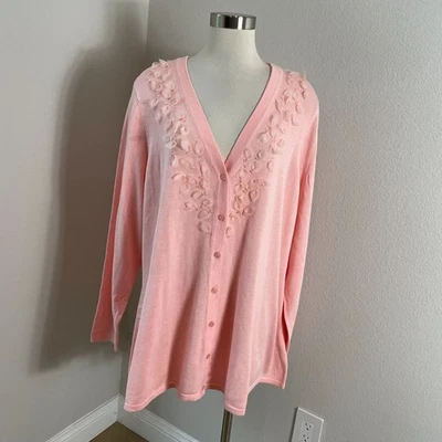 Isaac Mizrahi Live! Womens Plus 3X Pink Embellished Cardigan Floral Accents Knit - Image 1 of 4