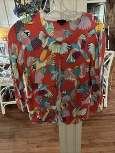 Suéter Cárdigan Ligero Estampado de Pájaros TALBOTS Talla M Naranja Colorido Preppy - Imagen 1 de 4