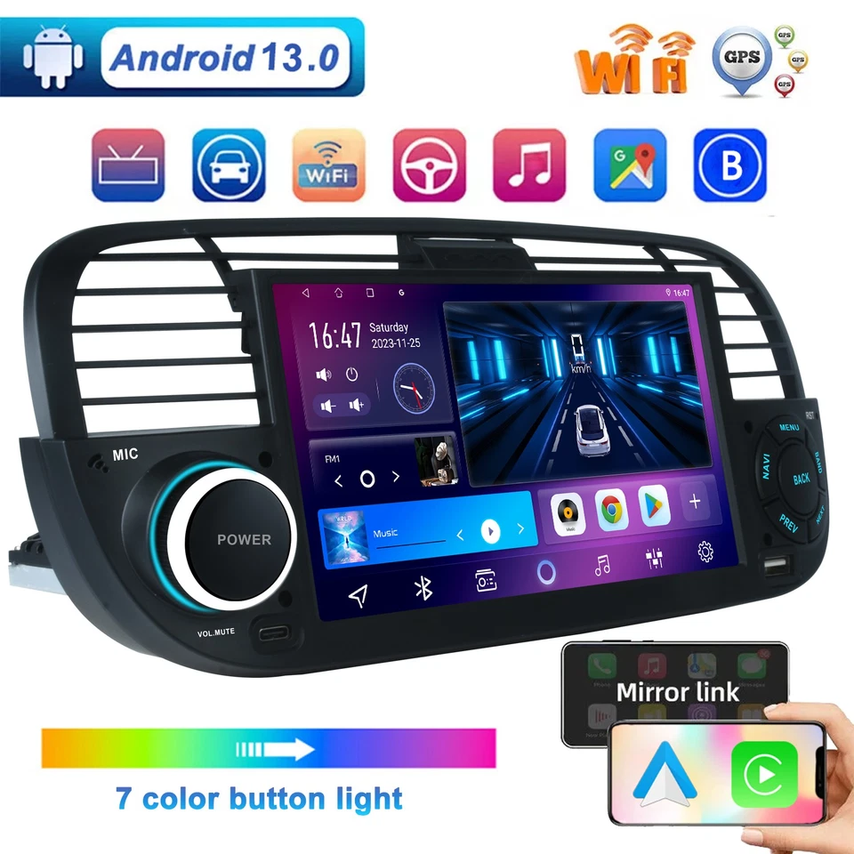 7" Android 13.0 Autoradio Per FIAT 500 2007-2015 GPS NAVI WIFI Bluetooth FM RDS - Immagine 1 di 4