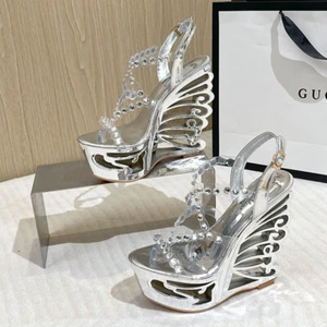 Sandali donna 15 cm strass tacco super alto tacco irregolare punta tonda fibbia - Foto 1 di 9