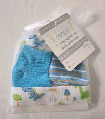 Le Bebe Boys Infant 2 Pack Caps, Socks, & Mittens 0+ Month NEW NIP Dinosaurs  - Image 1 of 4