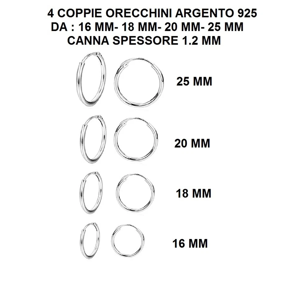 STOCK 4 COPPIE ORECCHINI ARGENTO 925 CERCHIETTO LISCIO 16/18/20/25 MM - Immagine 1 di 1