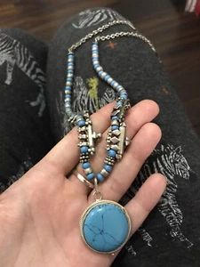 Damen Jemenit elegante Halskette Kette mit Türkis Steinen und Altsilber - Bild 1 von 11