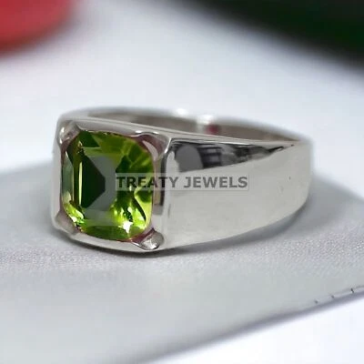Piedras preciosas de corte cojín de peridoto con anillo de plata de ley 925 para hombre #889 Foto 1 de 4