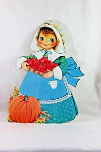 Vintage Thanksgiving Girl Pilgrim Die Cut with Pumpkin and Apples - Picture 1 of 3