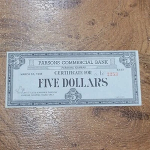 1933 Parsons Commercial Banknote 5 $ Kansas Depression Scrip - Bild 1 von 5