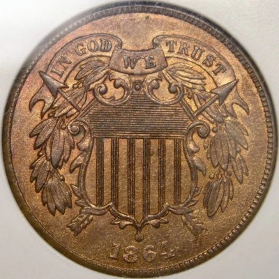 1864 TWO CENT VERY RARE FS-001.8 REVERSE INDIAN HEAD CLASH & QPD ANACS MS 64 RB - Image 1 of 4