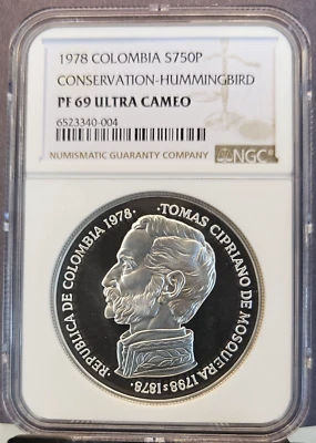 1978 COLOMBIA SILVER 750 PESOS HUMMINGBIRD NGC PF 69 ULTRA CAMEO RARE - Image 1 of 3