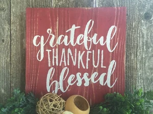 GRATEFUL THANKFUL BLESSED Sign Farmhouse Inspirational Decor Rustic Wood HP 12" - Picture 1 of 10