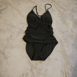 Charmo Tummy Control Women Medium Black Ruched V Neck Strappy One Piece Swimsuit - Picture 1 of 14