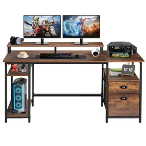 Gaming Desk with LED Lights, Computer Desk Office Workstation with Monitor Stand - Picture 1 of 24