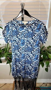 Michael Kors Paisley Fringe Shift Dress Heritage Blue Women's Medium 33" Long - Picture 1 of 3