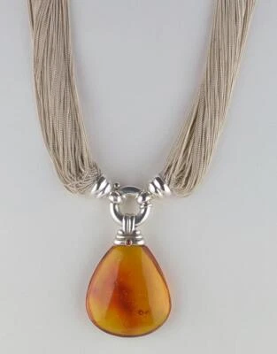 VINTAGE STERLING & AMBER PENDANT NECKLACE-EVERETT DESIGN-160G .925-AMBER 1 5/8" - Image 1 of 3