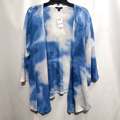 Alfani Womens 2X Linen Blend Blue White Textured Cardigan Sweater Open Front NEW - Image 1 of 4
