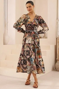 Hallow Midi Dress - V-Neck A Line Dress with Long Sleeves in Elaine Print - Picture 1 of 4