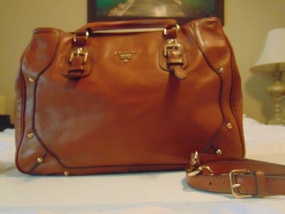 PRADA Cognac pebbled leather satchel with shoulder strap CLEAN - Image 1 of 4